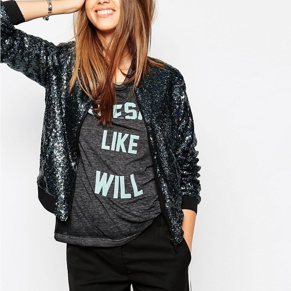Eleven Paris by ASOS (size 38) deep teal sequin bomber jacket - Picture 3 of 3